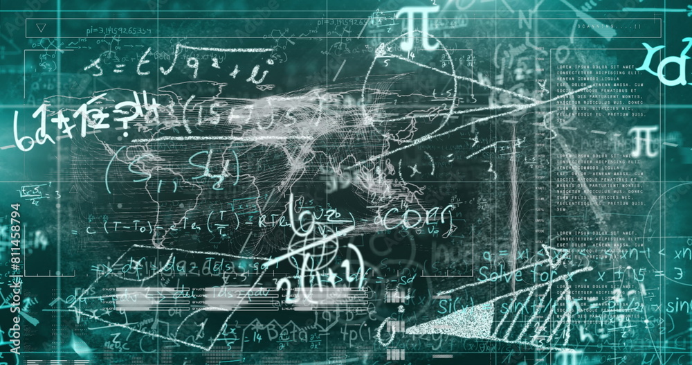 Image of data processing and data processing with mathematical equations on black background