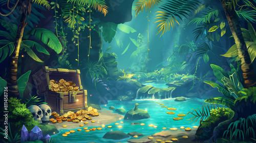 The tropical jungle forest and treasure with many gold coin  Illustration