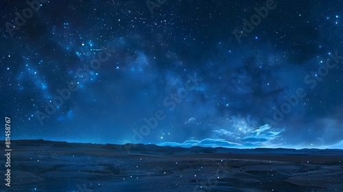 Starry night sky over the desert, with stars and constellations illuminating the vast expanse of open space. The dark blue tones create an atmosphere that is both awe-inspiring and tranquil. © horizor