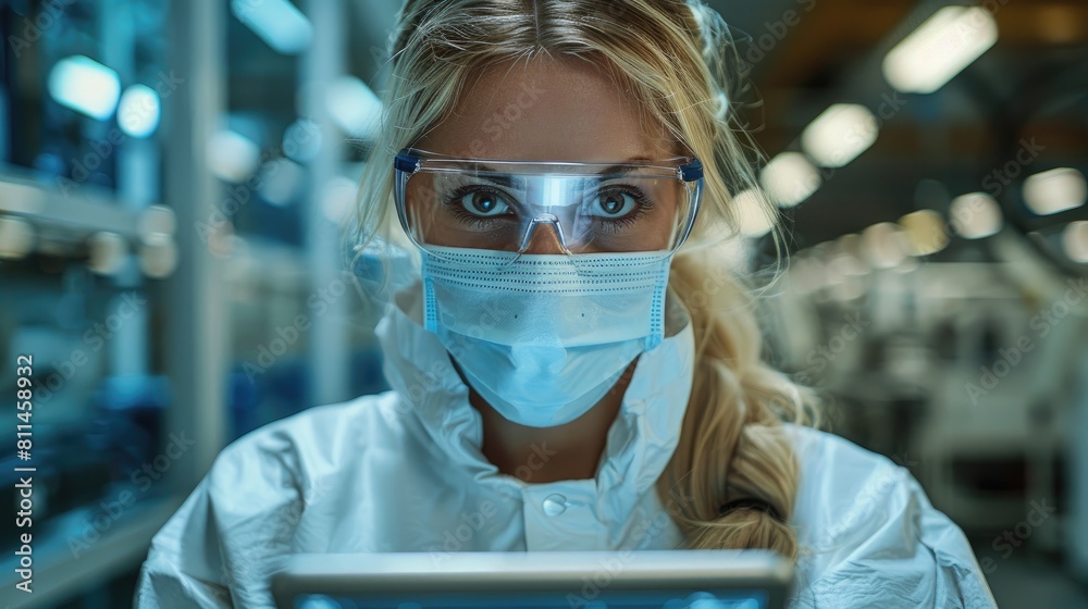 A female scientist wearing a lab coat, safety glasses, and a face mask works in a laboratory. A female scientist wearing a lab coat, safety glasses, and a face mask works in a laboratory.