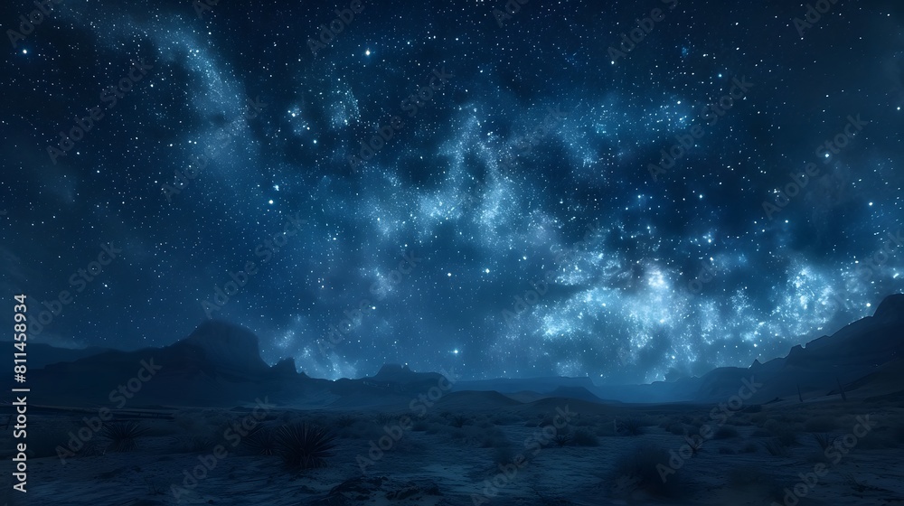 Starry night sky over the desert, with stars and constellations illuminating the vast expanse of open space. The dark blue tones create an atmosphere that is both awe-inspiring and tranquil. Starry night sky over the desert, with stars and constellations illuminating the vast expanse of open space. The dark blue tones create an atmosphere that is both awe-inspiring and tranquil.