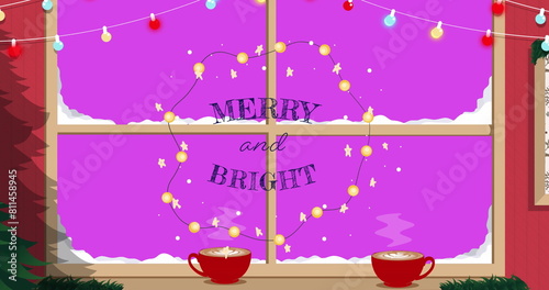 Image of merry and bright over window with snow on pink background