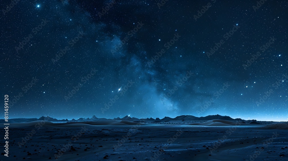 Starry night sky over the desert, with stars and constellations illuminating the vast expanse of open space. The dark blue tones create an atmosphere that is both awe-inspiring and tranquil. Starry night sky over the desert, with stars and constellations illuminating the vast expanse of open space. The dark blue tones create an atmosphere that is both awe-inspiring and tranquil.