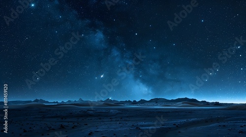 Starry night sky over the desert, with stars and constellations illuminating the vast expanse of open space. The dark blue tones create an atmosphere that is both awe-inspiring and tranquil. © horizor
