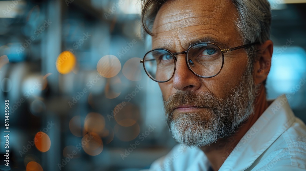 A portrait of a middle-aged man with glasses and a beard, wearing a white lab coat, looking at the camera with a serious expression. A portrait of a middle-aged man with glasses and a beard, wearing a white lab coat, looking at the camera with a serious expression.