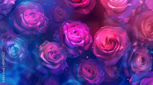 Neon-colored roses on a vibrant background  bursting with lively hues.