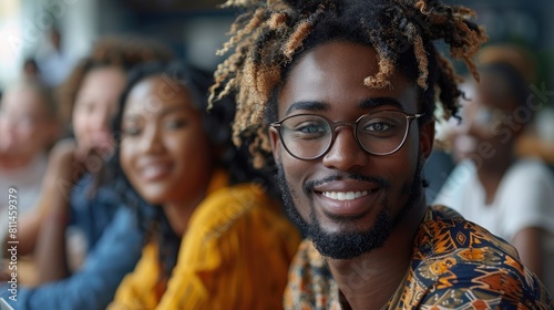 A young African-American man with curly hair and glasses smiles at the camera while sitting in a group of people. © Vilaysack