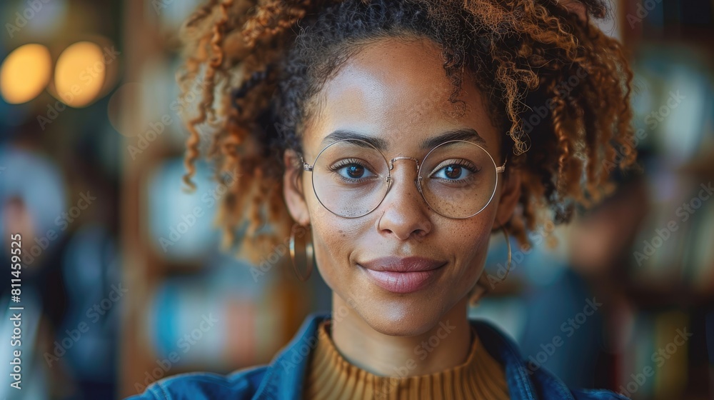 A young woman with curly hair and glasses smiles at the camera. She is wearing a brown sweater and a blue denim jacket. A young woman with curly hair and glasses smiles at the camera. She is wearing a brown sweater and a blue denim jacket.