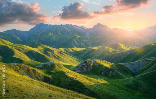 Beautiful mountain landscape with green hills and mountains under a sunset sky in summer  a beautiful natural view of the Tianshan Mountains in the evening time in a green valley.