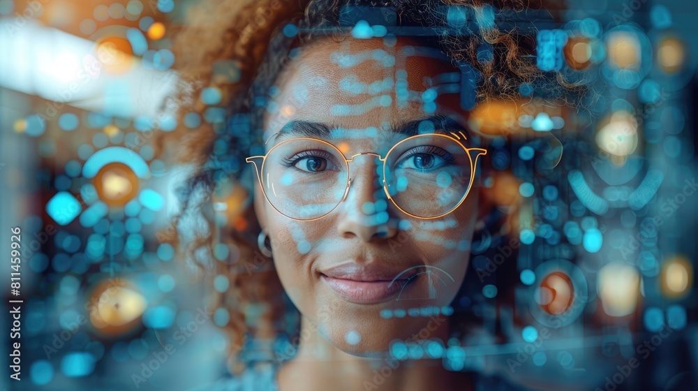 Portrait of a young woman wearing glasses with a futuristic technology background. Portrait of a young woman wearing glasses with a futuristic technology background.