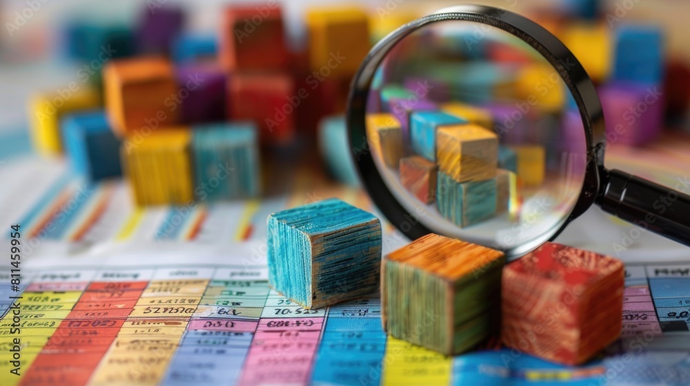 Colorful wooden blocks and magnifying glass on financial documents with blurred background, conceptual image representing business analysis, strategic planning, and data-driven decision making Colorful wooden blocks and magnifying glass on financial documents with blurred background, conceptual image representing business analysis, strategic planning, and data-driven decision making