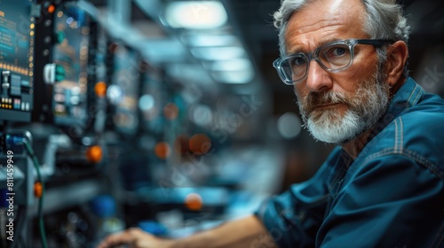 Senior male scientist wearing glasses works on a project in a futuristic laboratory with supercomputers.