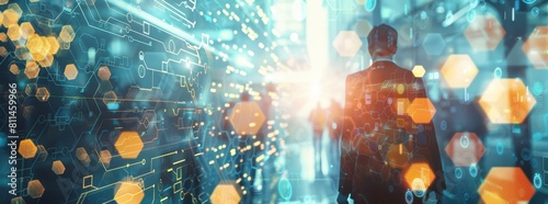 Business people use virtual screens to visualize data of security and cyber presence on digital technology backgrounds, with a double exposure effect using hexagon shapes.