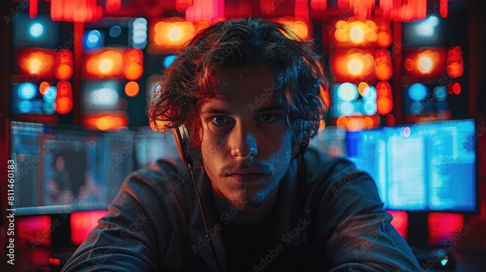 Young male hacker in front of multiple screens. Young male hacker in front of multiple screens.
