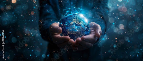 Businessman holding a digital earth hologram with a global network and connectivity concept on a dark blue background. © DWN Media
