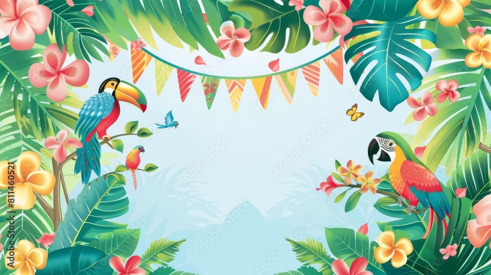 Fototapeta Create a tropicalthemed background featuring palm trees, tropical flowers, and exotic birds Add birthday elements like banners and bunting to tie the design to the celebration