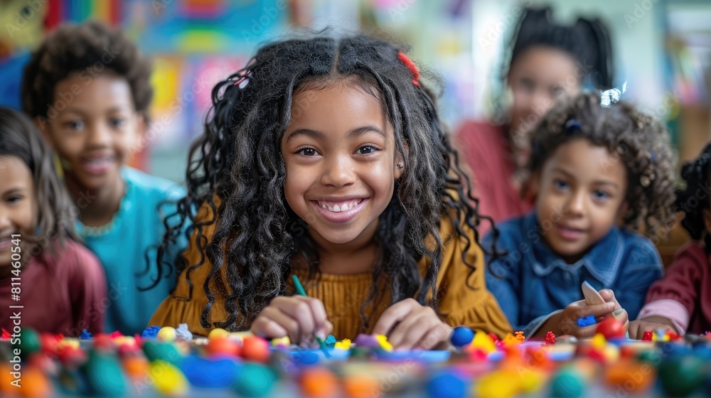 A group of children are playing with toys in a classroom. The children are all smiling and having fun.