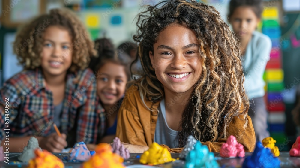 A group of children are playing with clay in a classroom. They are all smiling and having fun. The teacher is sitting at the table with them and is also smiling.