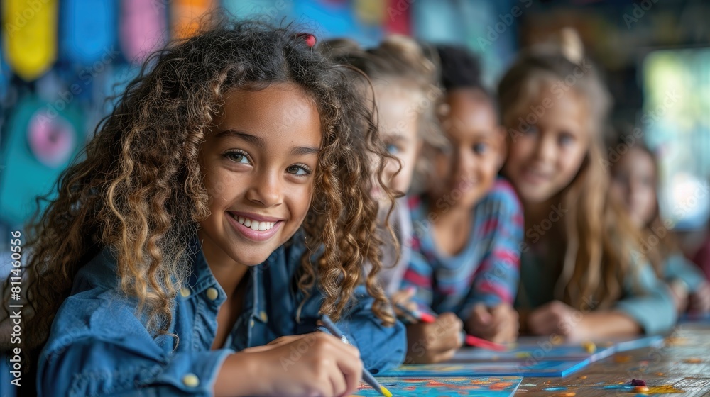 A group of children are sitting at a table and drawing A group of children are sitting at a table and drawing
