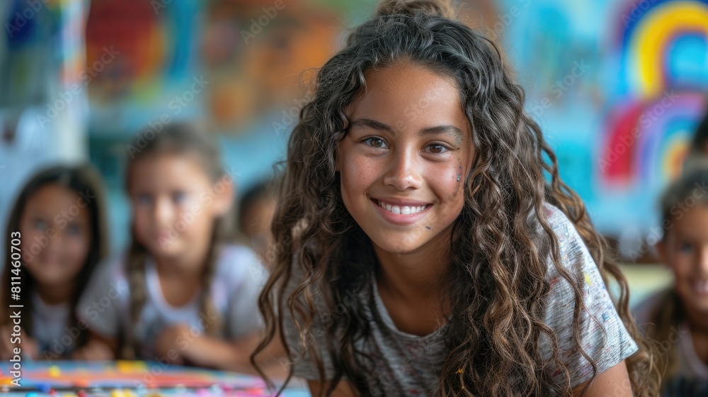 A smiling girl with long brown hair sits in a classroom.