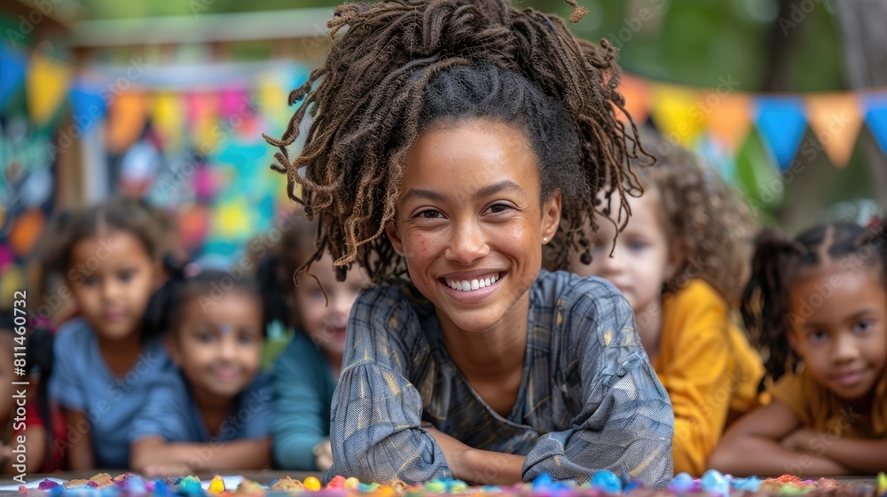 A young girl with curly hair smiles at the camera while lying on a colorful blanket. Other children play in the background. A young girl with curly hair smiles at the camera while lying on a colorful blanket. Other children play in the background.