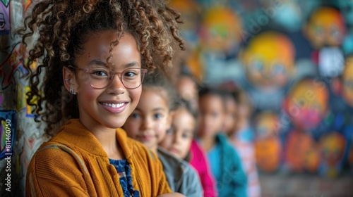 A young girl with curly hair smiles at the camera while standing in front of a colorful mural.