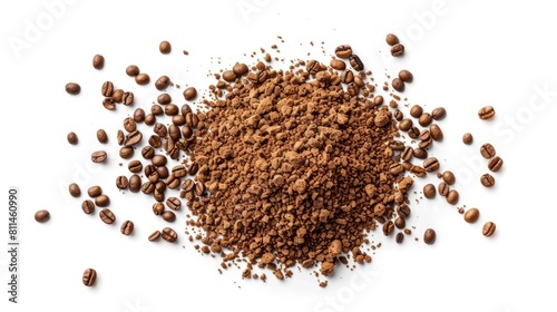 Instant coffee granules on white background Aerial view