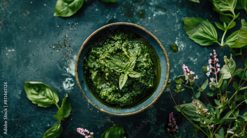 Green pesto made from fresh young goutweed leaves harvested in early spring viewed from above Green pesto made from fresh young goutweed leaves harvested in early spring viewed from above