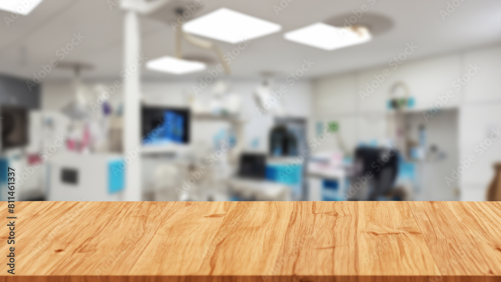 empty wooden table top and blur of room on a vet clinic decoration background. Generative Ai