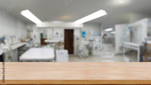 empty wooden table top and blur of room on a vet clinic decoration background. Generative Ai
