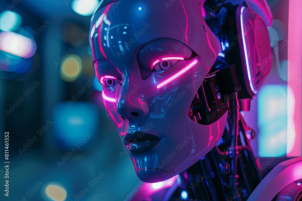 A futuristic woman wearing headphones surrounded by neon lights, with a robot head hovering nearby. Generative AI