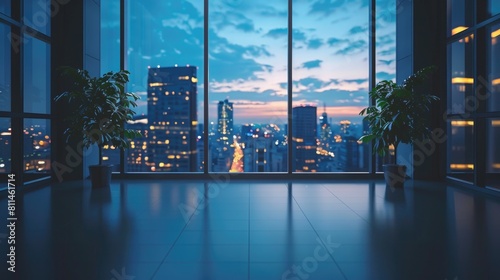 Empty office workspace with city view through window. Sleek skyscraper interiors. Bright city office perspective.