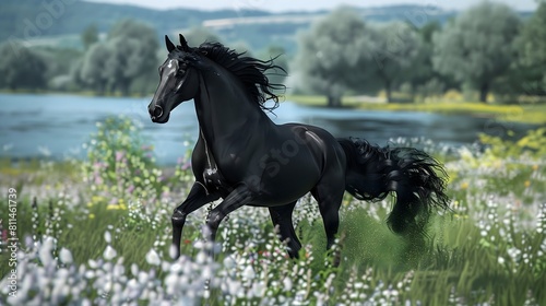  Dynamic 3D artwork capturing the raw energy and beauty of a galloping black horse  frozen in a moment of breathtaking motion.  