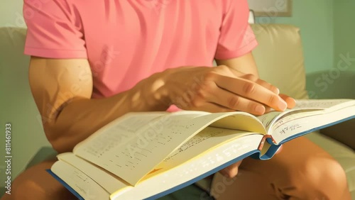 Close up book of Man reading a textbook and sitting on couch in living room at home Staying at home in isolation during quarantine lockdown He has relaxed time on holiday seamless loop animation photo
