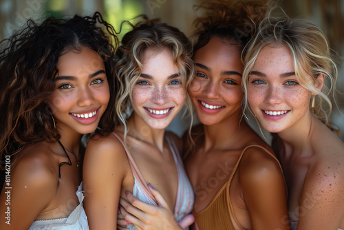 group of multiethnic young women hugging and smiling 