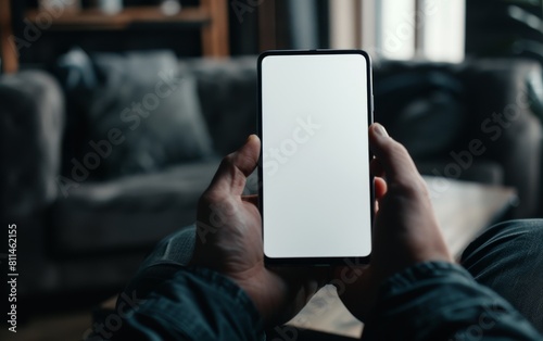 Close up of a hand holding a blank white smartphone with an empty screen, a mobile phone mockup for your design in a dark office background.