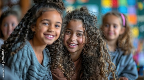 Two young girls with curly hair smiling at the camera.