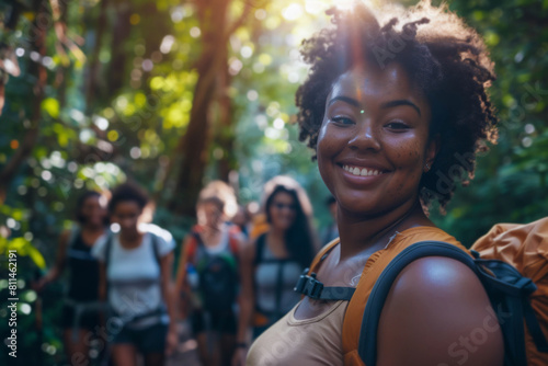 Smiling African American female hiker leading a diverse group of friends on a sunny day trek through a lush forest