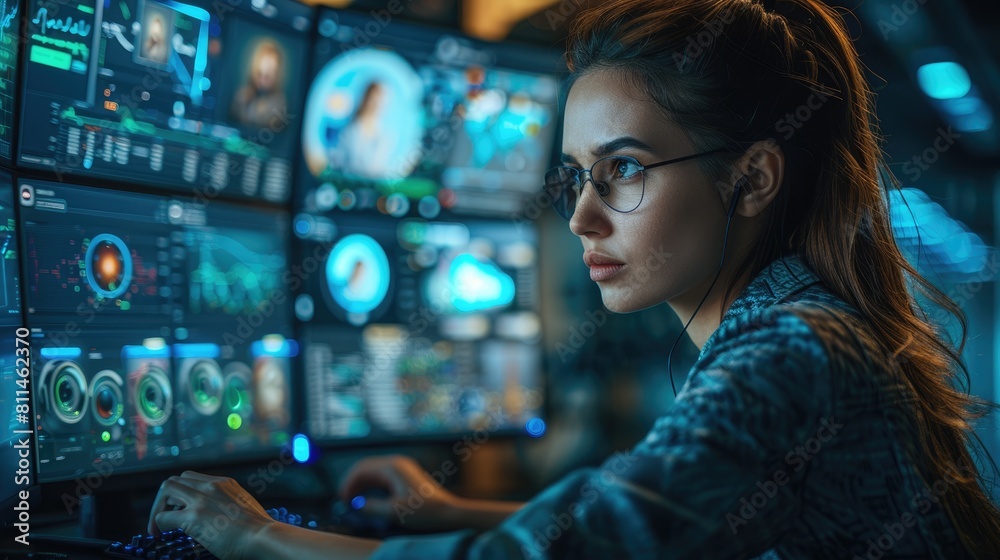 Young woman in glasses works at computer terminal with multiple screens showing code and data. Young woman in glasses works at computer terminal with multiple screens showing code and data.