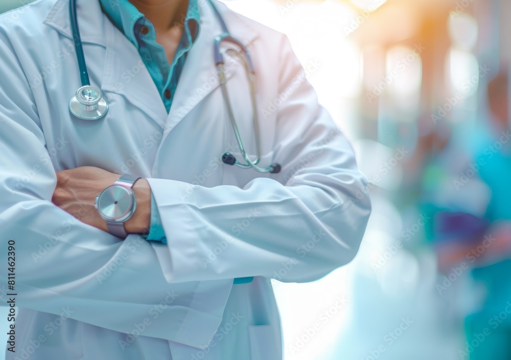 Close up of doctor holding stethoscope in a hospital, white coat on a blurred background with copy space concept Close up of doctor holding stethoscope in a hospital, white coat on a blurred background with copy space concept