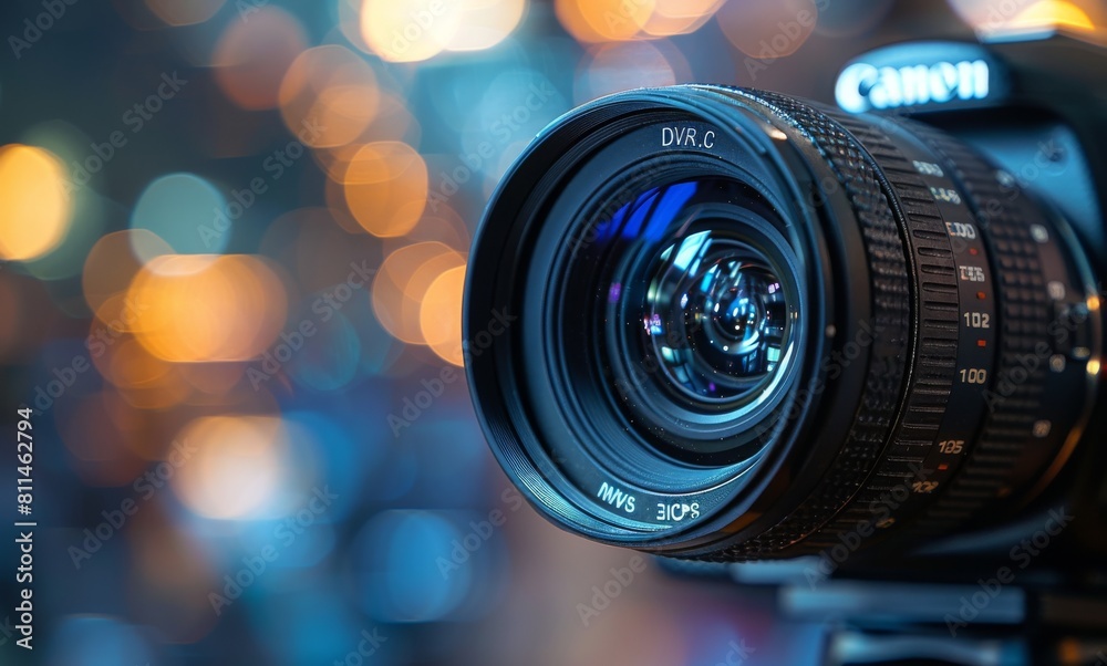 Close up of video camera with large lens on background blurred newsroom stock photo contest winner, in the style of high resolution.