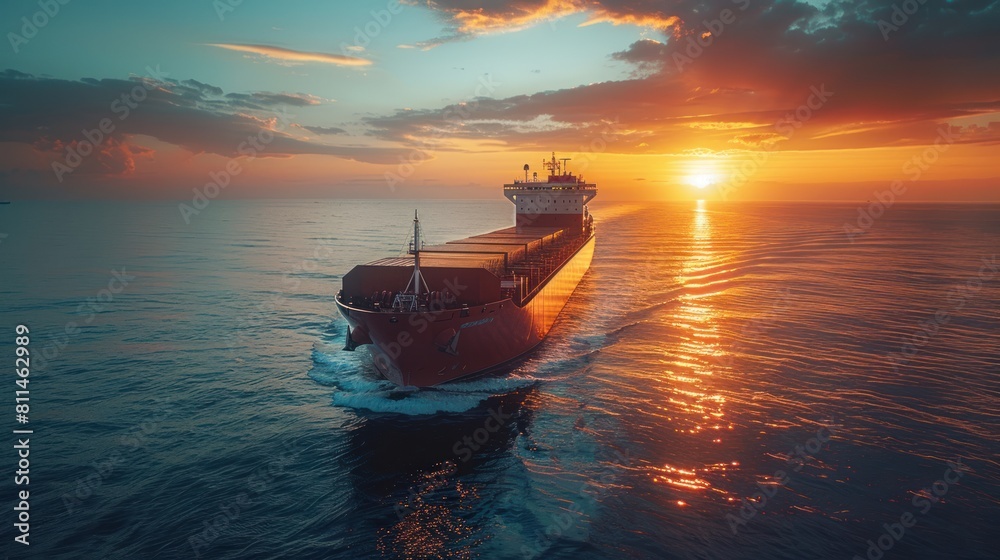A large ship is sailing in the ocean with the sun setting in the background A large ship is sailing in the ocean with the sun setting in the background