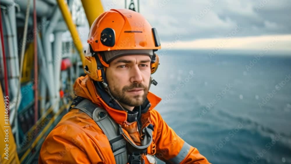 Engineers are repairing and maintaining an offshore turbine house. Portrait of a skilled professional worker working at height. Offshore wind farm in the ocean Engineers are repairing and maintaining an offshore turbine house. Portrait of a skilled professional worker working at height. Offshore wind farm in the ocean