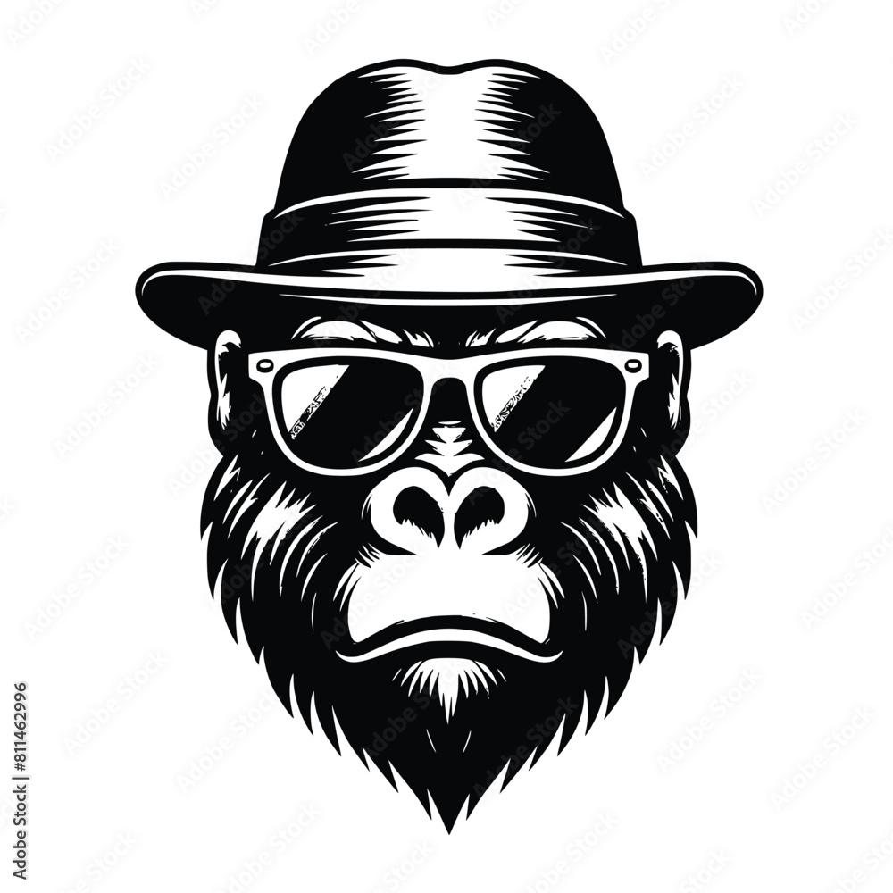 a head of gorilla using hat and sunglases black vector illustration. can be used for emblem, t-shirt, merchandise and more. gorilla vector illustration