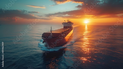A large ship is sailing in the ocean with the sun setting in the background © Panupong Ws