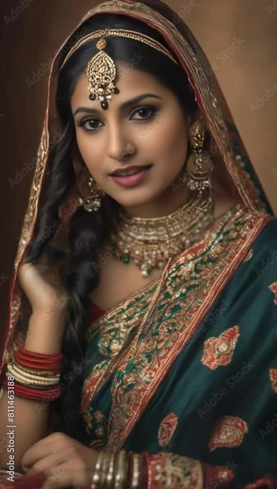 Portrait of a young Indian woman wearing traditional clothing and loo
