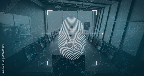 Image of viewfinder and thumbprint with connected dots over empty conference room