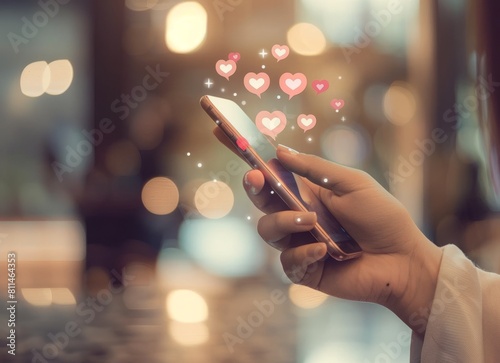 Hand holding smart phone with social media like and heart icons floating on screen, isolated on blurred brown background.