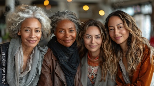 Four beautiful multiethnic women friends smiling together