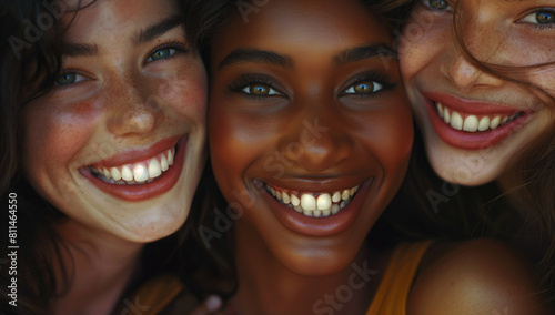 Portrait of Three Smiling Females with Different Skin Tones: Happy, Beautiful Girls in Dark, White, and Amber Style. A Captivating Display of Diversity and Joy